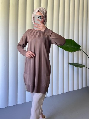 Yırtmaçlı Yelpaze Desenli Triko Tunik -Açık Kahve