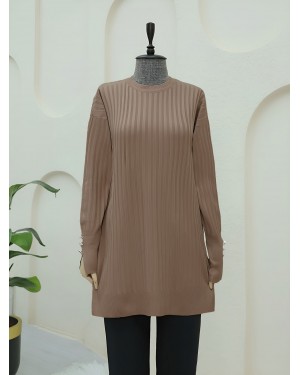 Crew Neck Ribbed Slit Knit Tunic -Brown