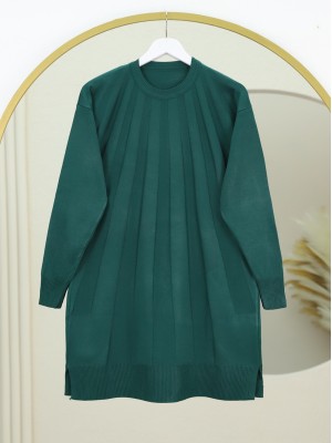 Yırtmaçlı Yelpaze Desenli Triko Tunik -Zümrüt