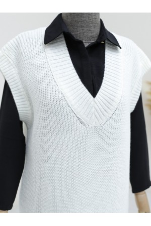 V yaka Geniz Ribanalı Prinç Örme Uzun Süveter -Beyaz