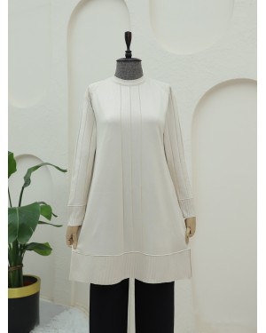 Knitted Tunic with Ribbed Sleeve Cuff and Slit -Cream color