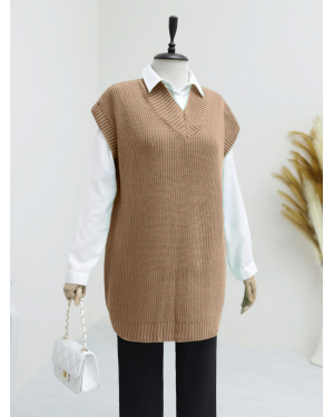 V yaka Geniz Ribanalı Prinç Örme Uzun Süveter -Vizon