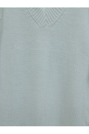 V yaka Geniz Ribanalı Prinç Örme Uzun Süveter -Beyaz