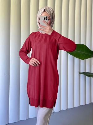 Yırtmaçlı Yelpaze Desenli Triko Tunik -Kırmızı