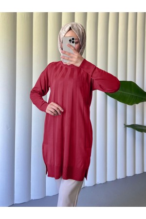 Yırtmaçlı Yelpaze Desenli Triko Tunik -Kırmızı