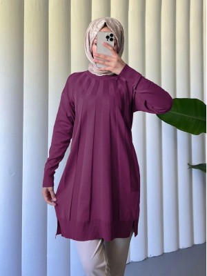 Yırtmaçlı Yelpaze Desenli Triko Tunik -Mürdüm