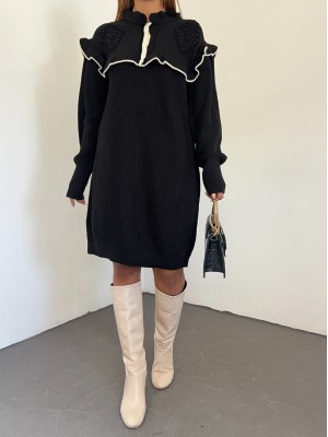 Yakası Bağcıklı Önü Fırfırlı Triko Kazak -Siyah