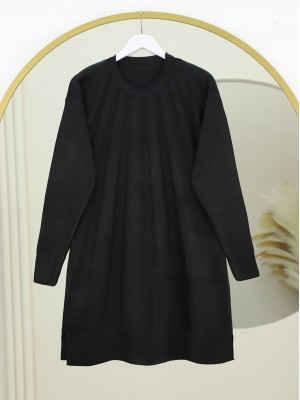 Yırtmaçlı Yelpaze Desenli Triko Tunik -Siyah