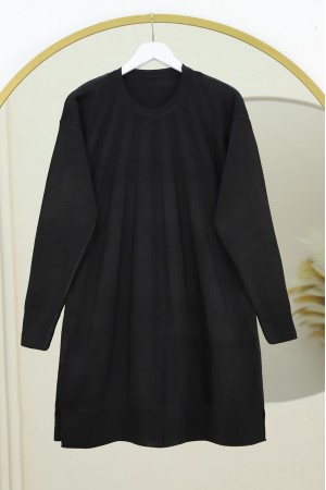 Yırtmaçlı Yelpaze Desenli Triko Tunik -Siyah