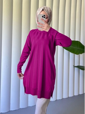 Yırtmaçlı Yelpaze Desenli Triko Tunik -Fuşya