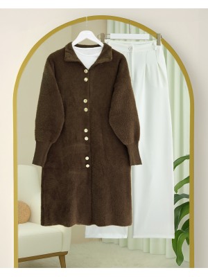 Önü Düğmeli Uzun Sakallı Yumoş  Hırka -Kahve