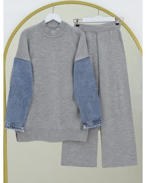 Denim Detailed Sleeve Knitwear Set -Grey