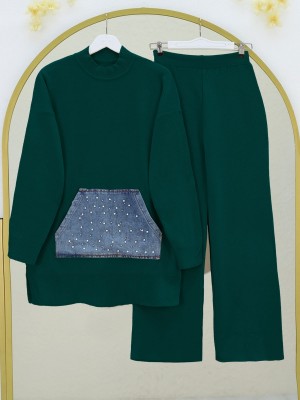 Kot Kanguru Cepli Triko Takım -Zümrüt