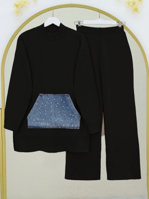 Kot Kanguru Cepli Triko Takım -Siyah