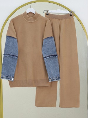 Kolları Kot Püskül Detaylı Triko Takım  -Vizon