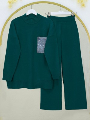 Tek Cepli İncili Triko Takım -Zümrüt