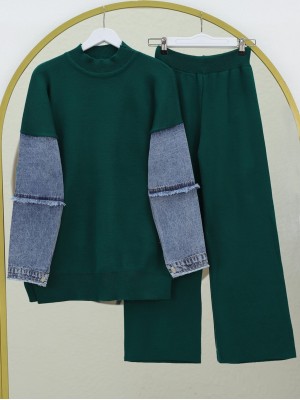 Kolları Kot Püskül Detaylı Triko Takım  -Zümrüt