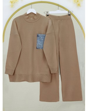 Single Pocket Pearl Knitwear Set -Mink color