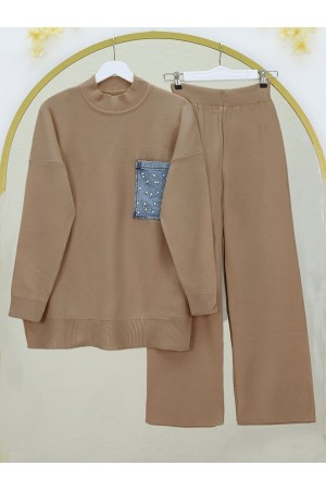 Tek Cepli İncili Triko Takım -Vizon