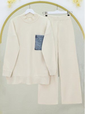Tek Cepli İncili Triko Takım -Krem