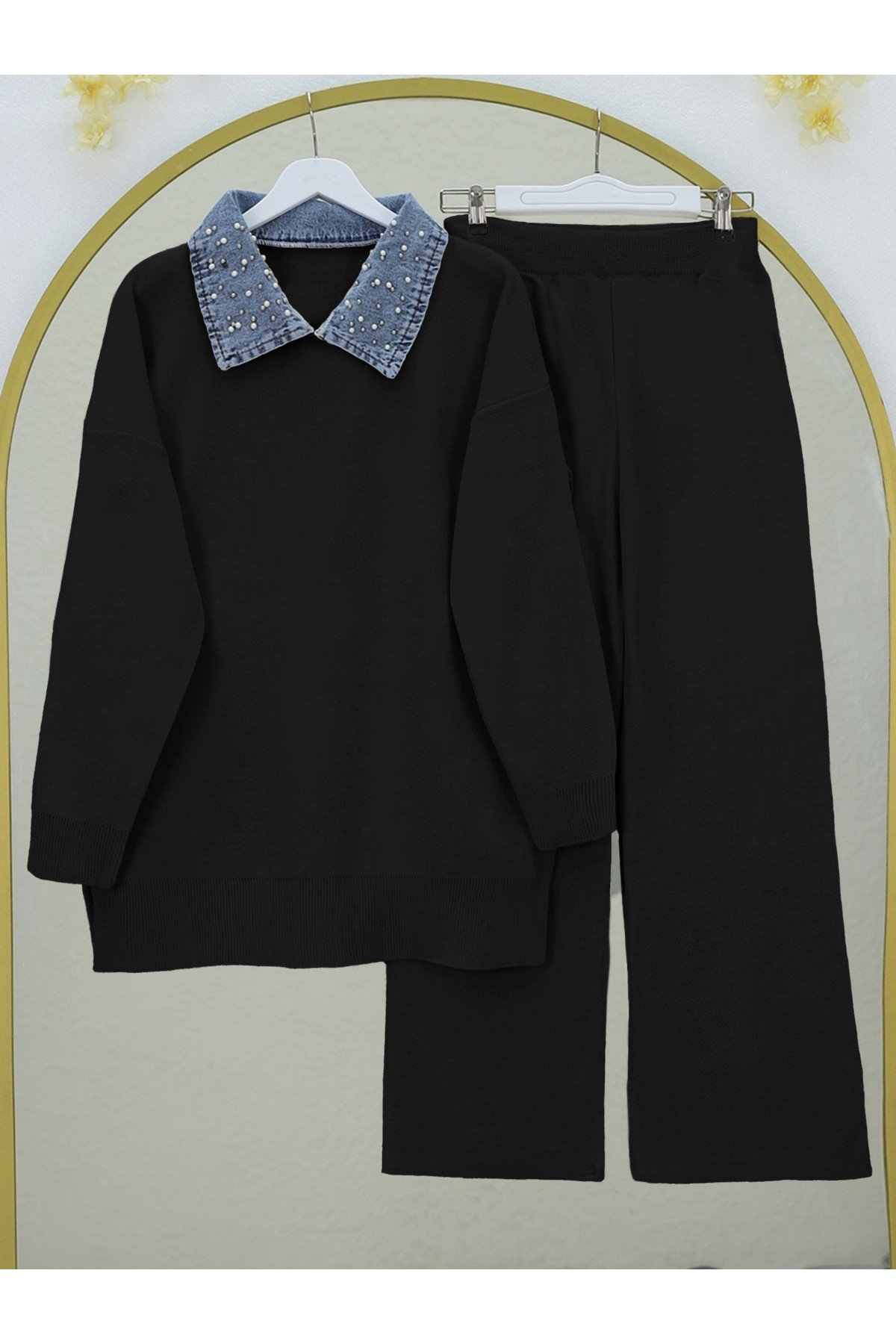 Denim Shirt Collar Knitwear Set -Black