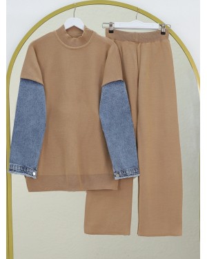 Denim Detailed Sleeve Knitwear Set -Mink color