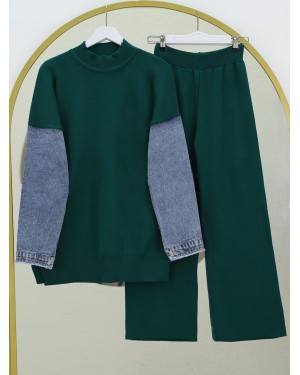 Denim Detailed Sleeve Knitwear Set -Emerald