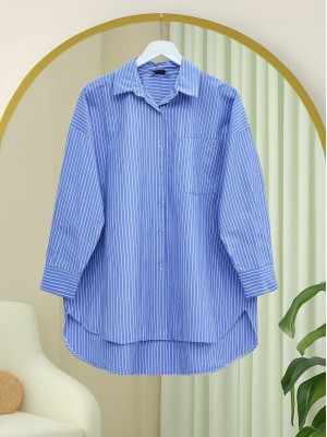 Tek Cepli Çizgili Gömlek  -Mavi