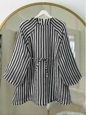 Balon Kol Belden Bağlamalı Astarlı Çizgili Tunik -Siyah