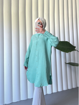 Kolu Nervürlü Eteği Oval Kesim Uzun Tunik -Su Yeşili