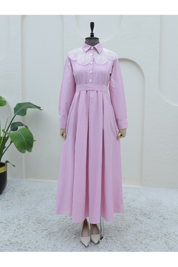 Organza Shirt Collar Striped Belted Dress -Pink
