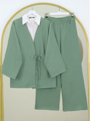 Önden Bağlamalı Pantolonlu Kimono Takım    -Mint