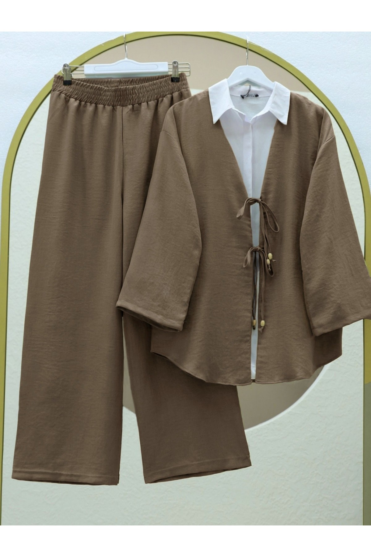Kimono Set with Double Front Tie and Trousers      -Light coffee