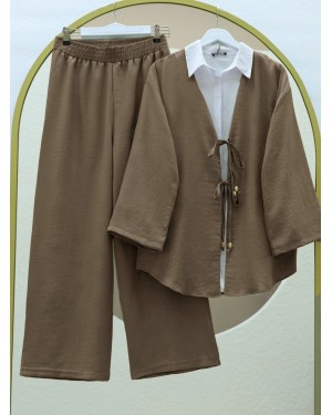 Önü Çift Bağlamalı Pantolonlu Kimono Takım      -Açık Kahve