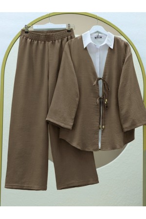 Önü Çift Bağlamalı Pantolonlu Kimono Takım      -Açık Kahve