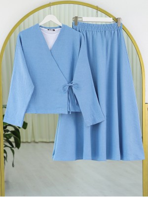 Yandan Bağlamalı Etekli Keten Takım   -Açık Mavi