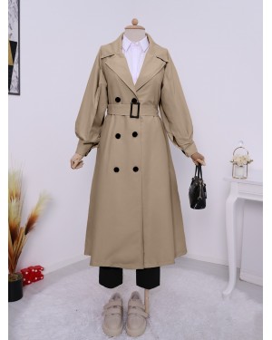 Balloon Sleeve Buckle Belt Side Pocket Trench Coat  -Mink color