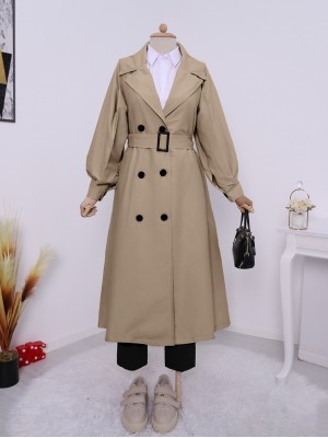 Balon Kol Tokalı Kemerli Yan Cepli Trençkot  -Vizon