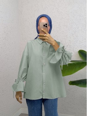 Kolu Büzgülü Arkası Piliseli Gömlek  -Su Yeşili