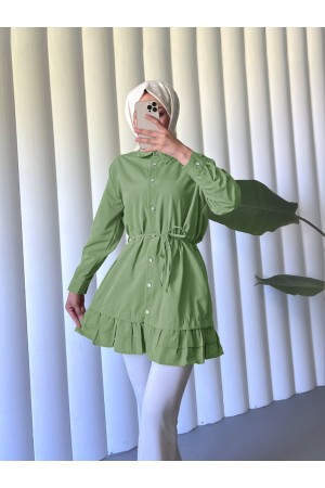 قميص تونيك بوبلين بحاشية مطوية مكشكشة وأزرار -أخضر