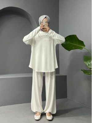 Yuvarlak Yaka Oval Kesim Cepli Pantolonlu Osyho Takım -Beyaz