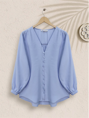 V Yaka Düğmeli Arkası Uzun Gömlek -Bebe Mavi