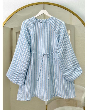 Balon Kol Belden Bağlamalı Astarlı Çizgili Tunik -Bebe Mavi
