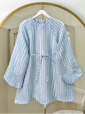 Balon Kol Belden Bağlamalı Astarlı Çizgili Tunik -Bebe Mavi