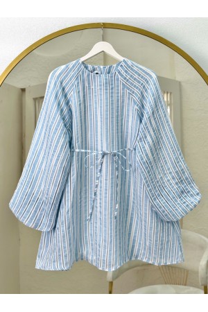 Balloon Sleeve Waist Tie Lined Striped Tunic -Baby Blue
