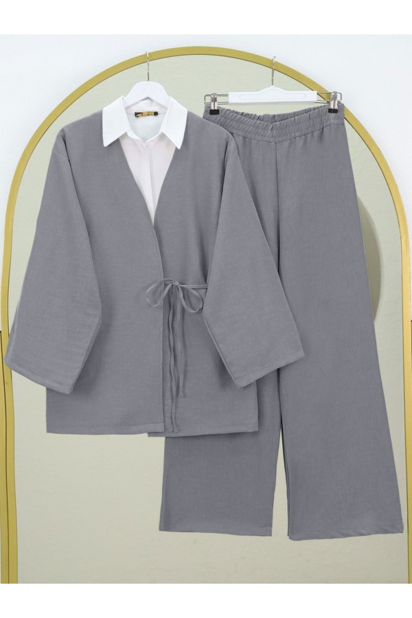 Önden Bağlamalı Pantolonlu Kimono Takım     -Koyu Gri