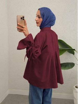 Kolu Büzgülü Arkası Piliseli Gömlek  -Bordo