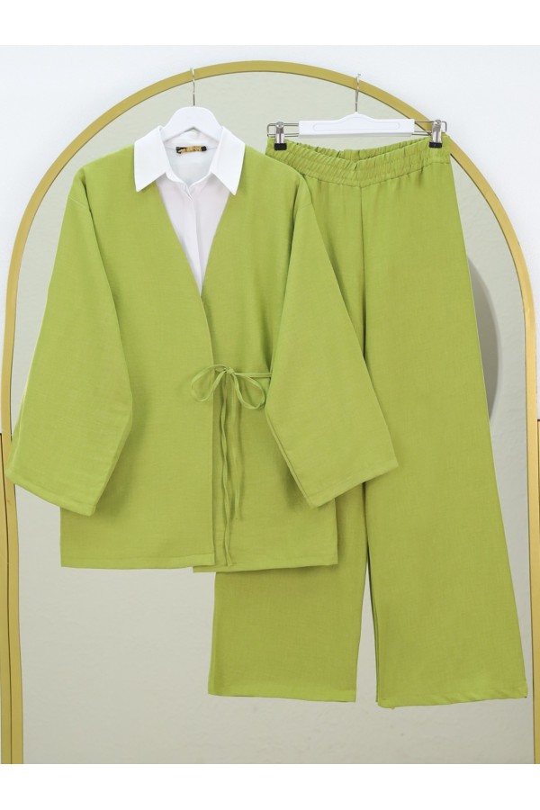 Önden Bağlamalı Pantolonlu Kimono Takım -Yağ Yeşili