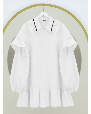 Yakası Süzene Nakış Detaylı Kolu Lastikli Poplin Tunik -Beyaz