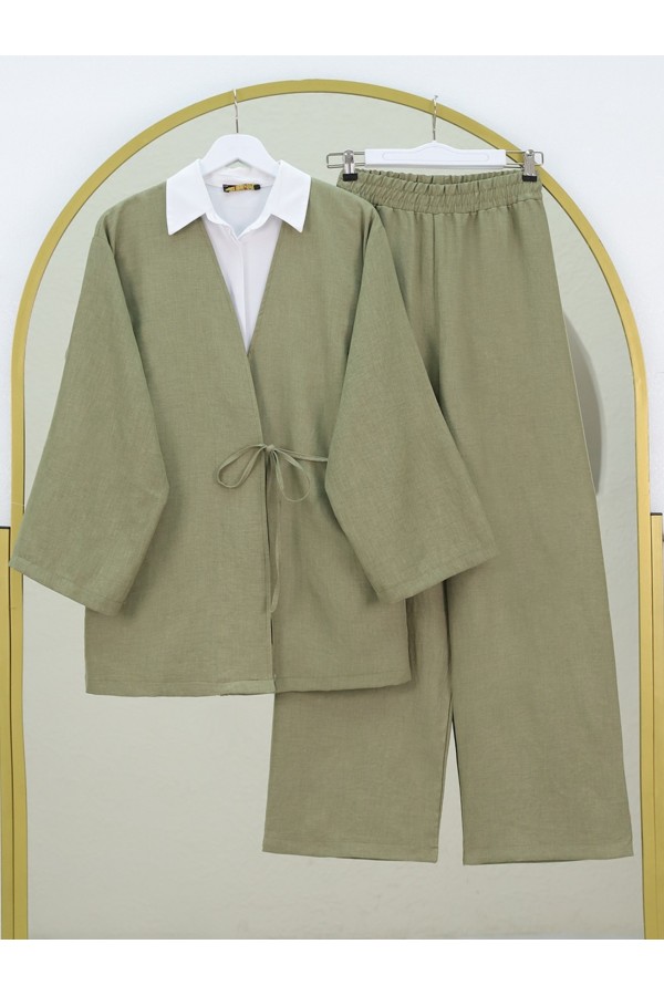Önden Bağlamalı Pantolonlu Kimono Takım   -Haki